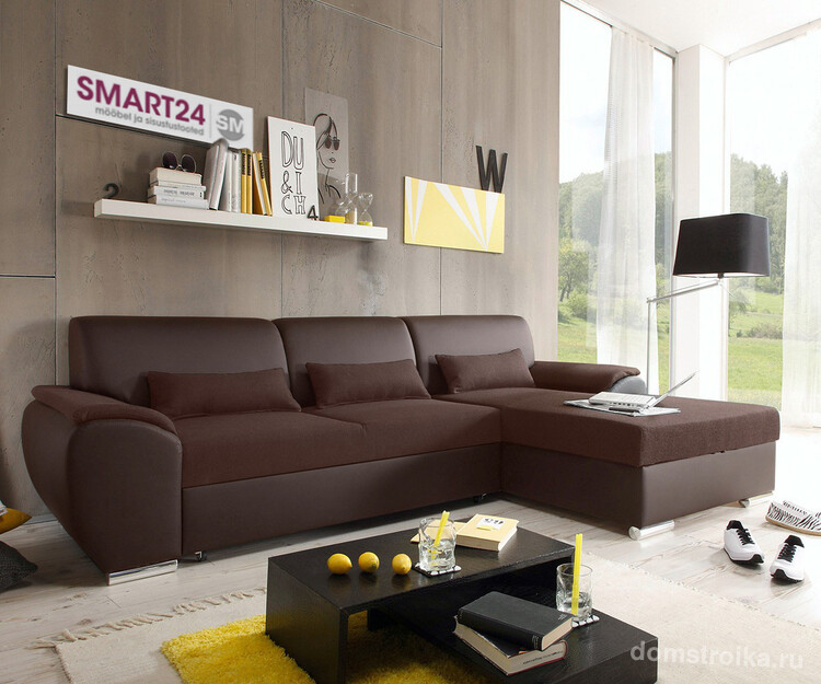 Современные дизайнерские решения допускают присутствие углового дивана в кожаном исполнении