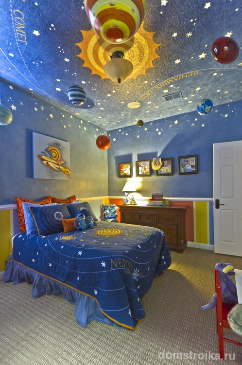 Красивое звездное небо на потолке в детской