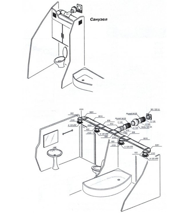 Схема монтажа вентиляции в объединенном санузле