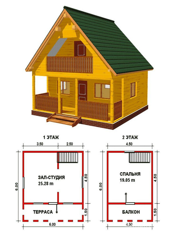 Проект маленького деревянного дома с мансардой и балконом
