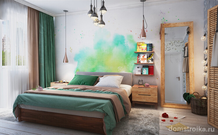 Визуализация из проекта для 80-метровой квартиры. В центре внимания - акварельный арт на стене у изголовья кровати, а теплоту и уют спальне придают коричневый и зеленый цвета в текстиле