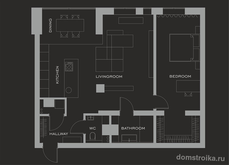 Общий план квартиры (см. 3D-визуализацию гостиной выше) для примерного представления у перепланировке у заказчика проекта