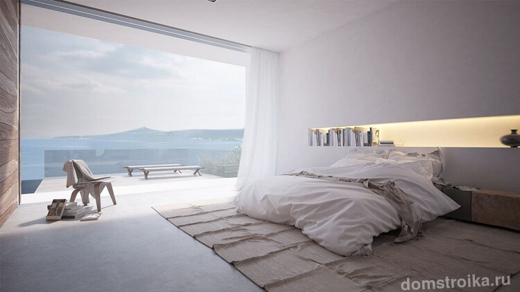 Окно на всю стену в спальне стиля минимализм