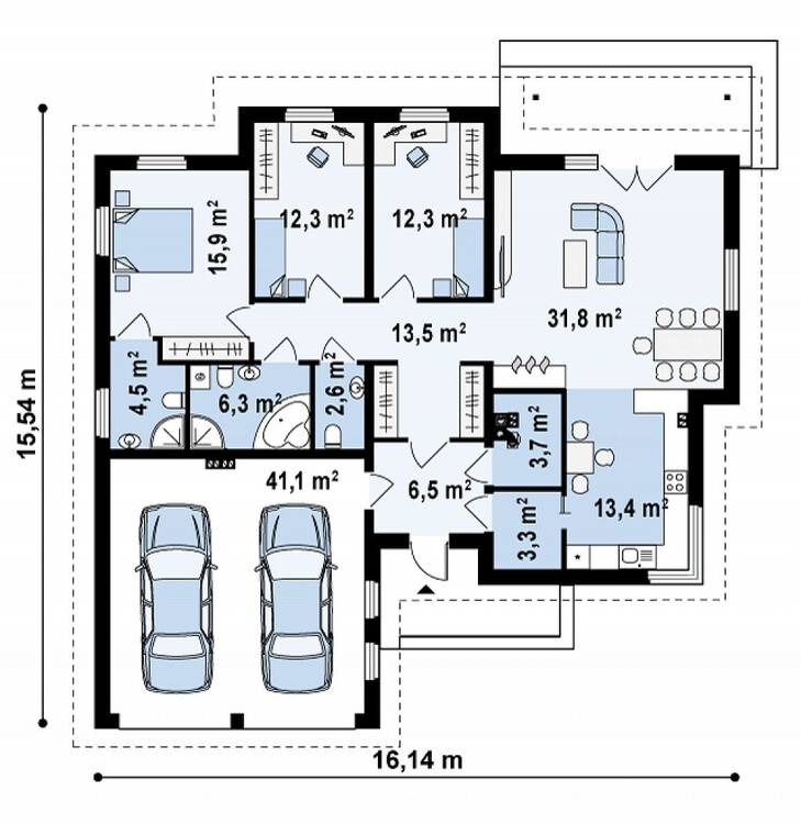 План одноэтажного дома с двумя гаражами