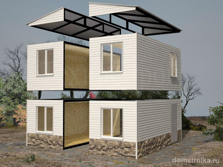 Двухэтажный традиционный дом с двускатной крышей. Собирается из четырех блок-контейнеров стандартных размеров (длина, высота, ширина, м): 3 х 3 х2,8 ; 6 х 2,5 x 2,6; 6 x 3 x 2,8; 8 x 2,8 x 2,8; 9 х 3 х 2,8; 12 х 3 x 2,8