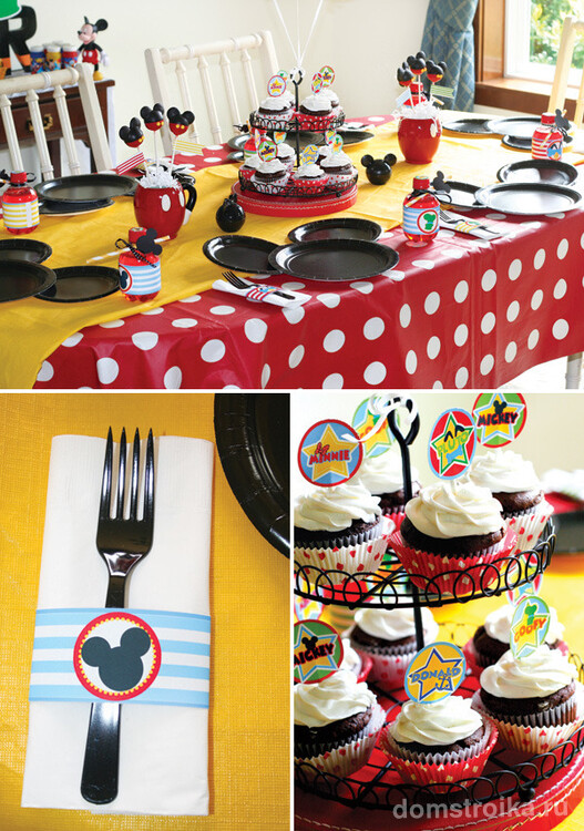 Кейк-топперы, леденцы, пирожные и конфеты с Микки Маусом, как на фото - веселый и яркий готовый декор для детского праздника