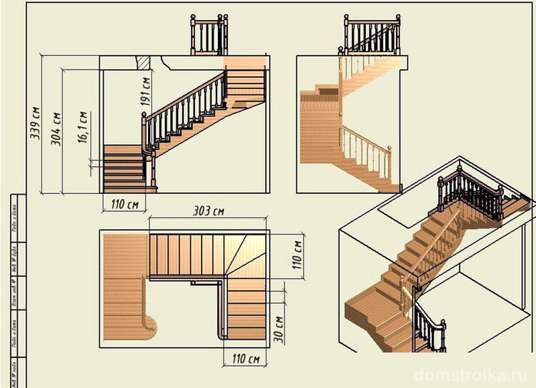 Проект трехмаршевой лестницы для дома общей площадью 57.1 м2