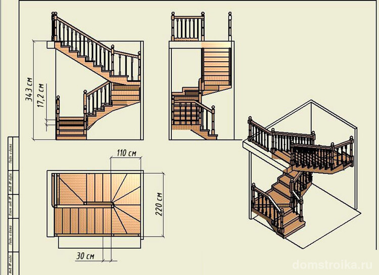 Проект трехмаршевой лестницы позволяет определить, как она будет располагаться в пространстве комнаты