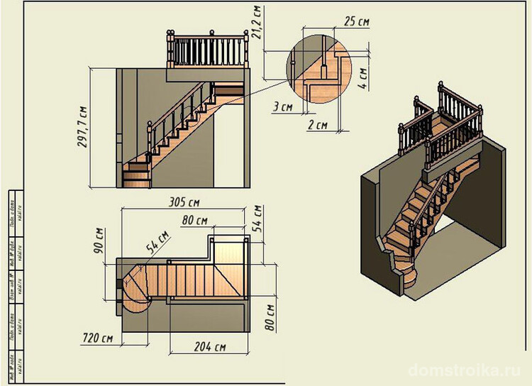 Проект деревянной трехмаршевой лестницы для двухэтажного коттеджа