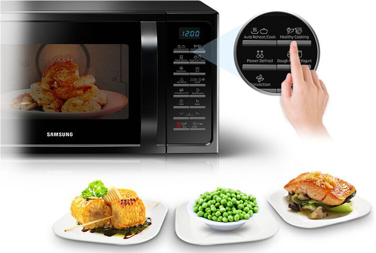 Современная модель Samsung позволяет эффективно разогреть пищу, а так же готовить блюда из кулинарной книги
