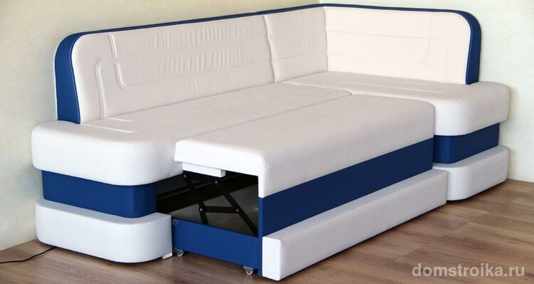 Контрастный бело-синий диван-трансформер для кухни с механизмом дельфин
