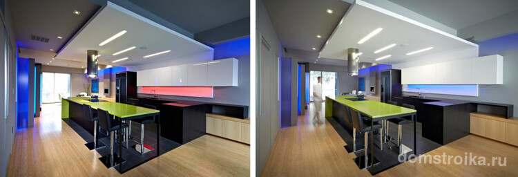 RGB-ленты, умело примененные в черно-белой кухне, могут менять ее вид по щелчку пальцев. На фото отлично видно, как отличается общий вид кухни в зависимости от цвета и силы освещенности