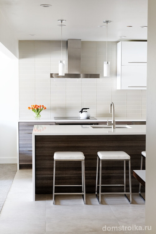 Элегантные цветовые акценты в светлой кухне на элементах кухонного гарнитура из темного венге