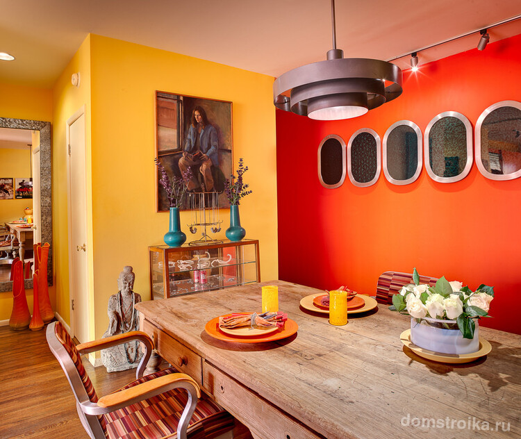 Красивое сочетание желтого и красного цветов в интерьере кухни