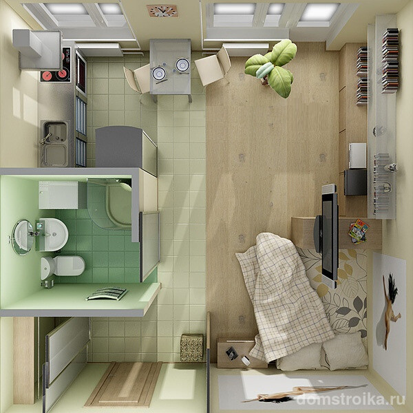 Проект перепланировки типовой "хрущевской" однокомнатной квартиры в просторную студию, где зонирующим элементом выступает обеденный стол на двоих, а кухня - однорядная и без настенных шкафов