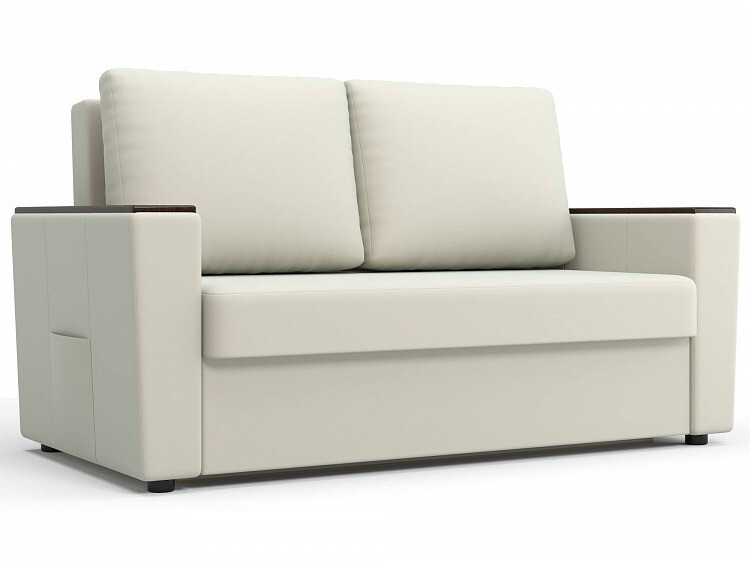 Шикарный белый диван с деревянными подлокотниками непременно станет мебельным любимцем