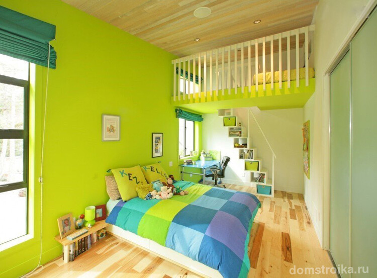 Салатовый цвет в сочетании с оливковым увеличат пространство в комнате