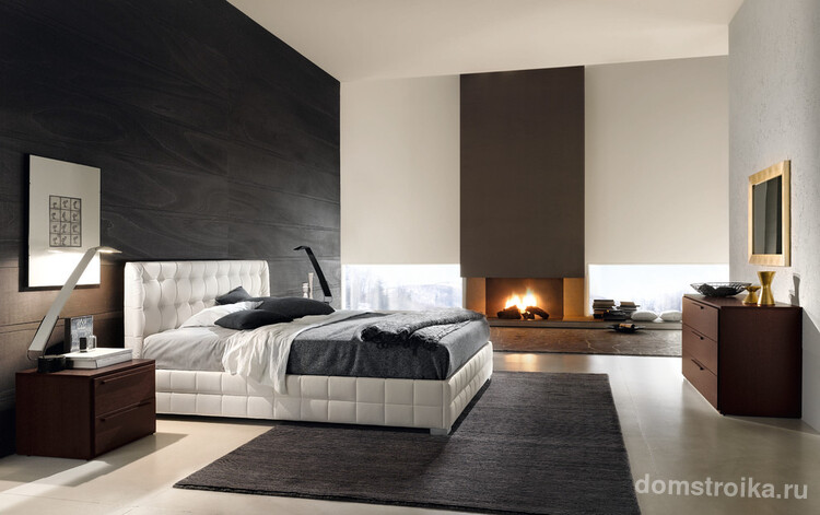 Черный ламинат на стене спальни в стиле модерн