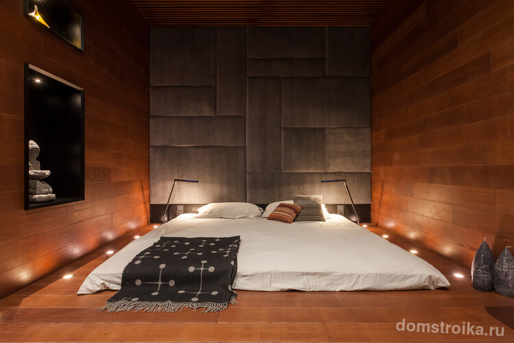 Интерьер спальни в японском стиле с напольным точечным освещением