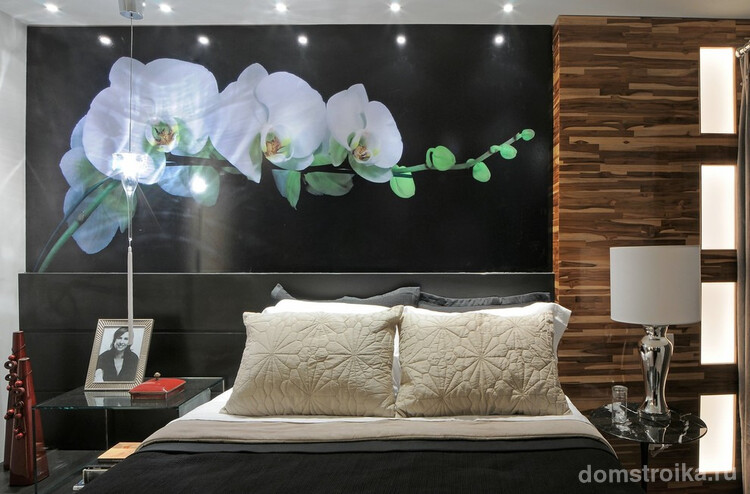 Игра света от торшера в спальне и макро-фото ветки белой орхидеи на черном фоне