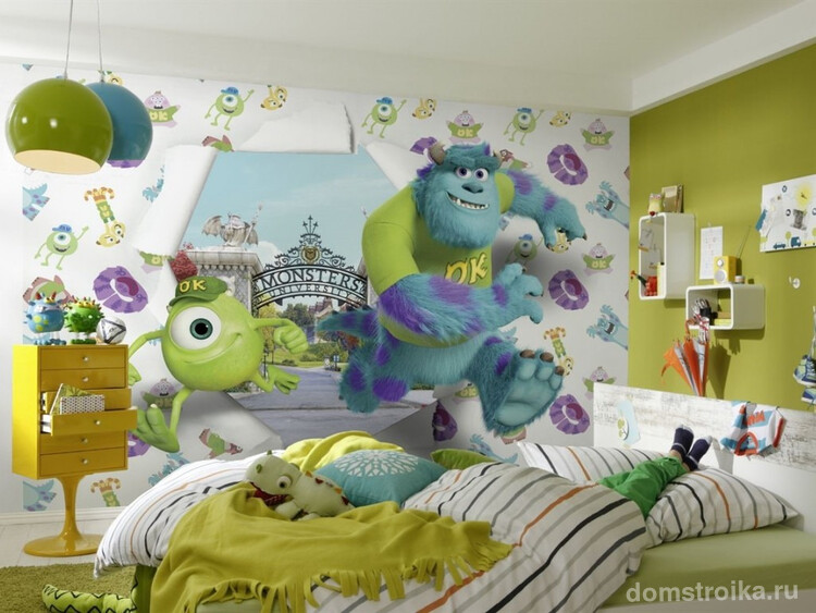Мультяшные герои оживают с помощью 3D-эффекта на стене в детской спальной