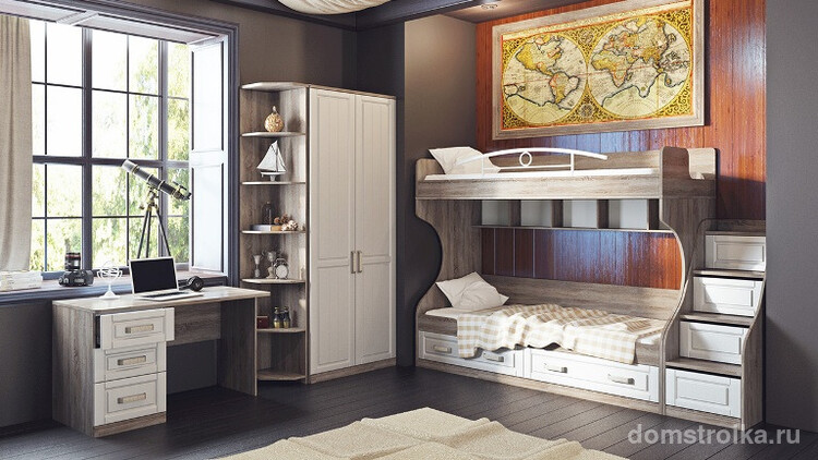 Встроенная двухярусная кровать и оригинальный окрас мебели от фирмы "ТриЯ"