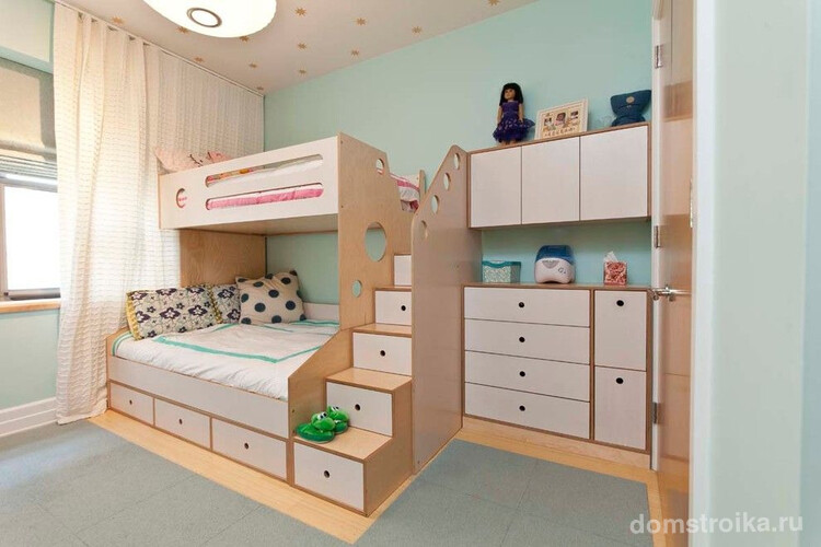 Очень удобный детский комплекс, объединяющий в себе место для сна двоих детей и шкафы для одежды