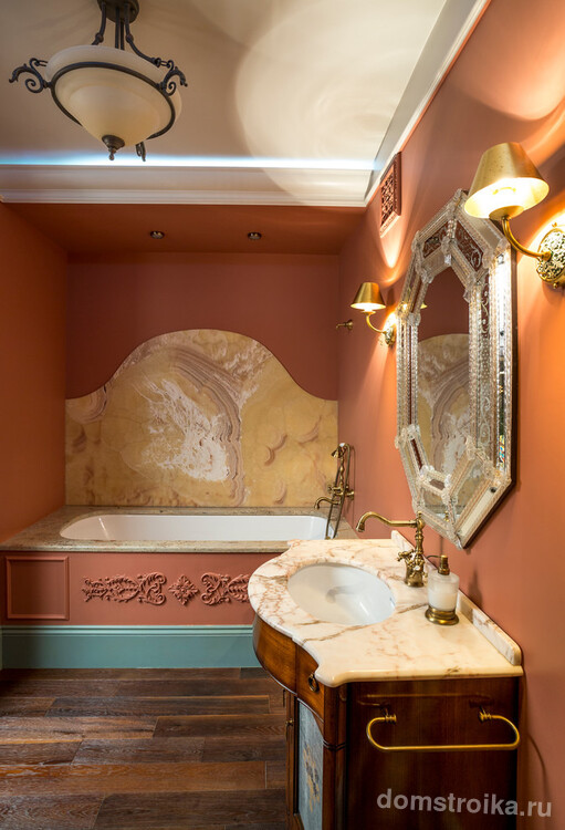 Терракотовый цвет в интерьере гигиенической комнаты в стиле фьюжн