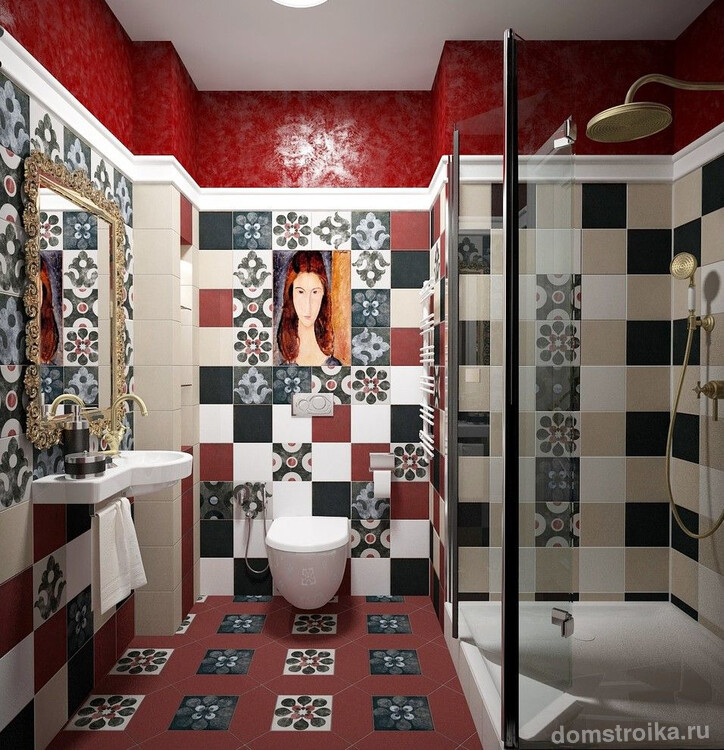 Необычная ванная в стиле фьюжн с подвесным туалетом и гигиеническим душем