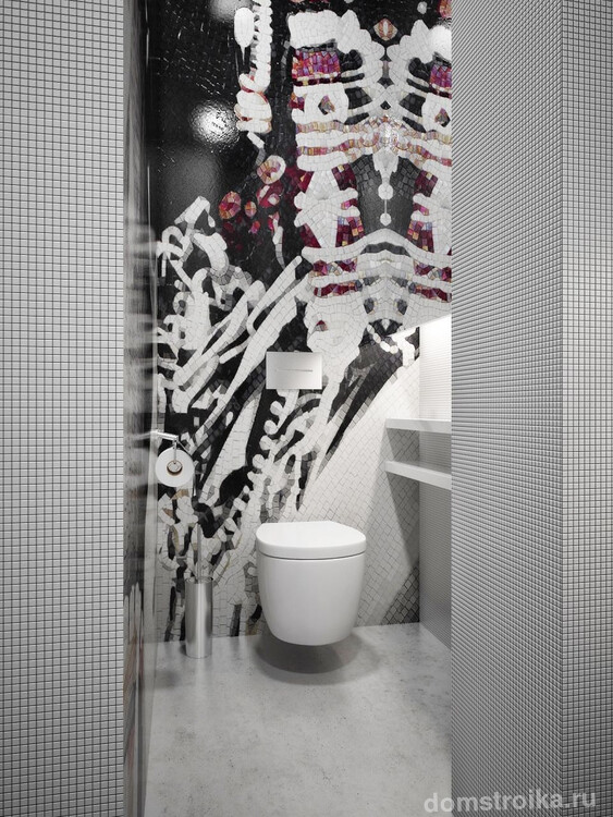 Зонирование в ванной комнате с помощью рисунка мозаикой контрастных оттенков