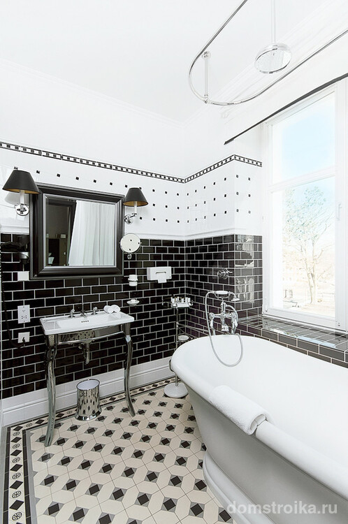Овальный карниз для шторы в интерьере ванной скандинавского стиля