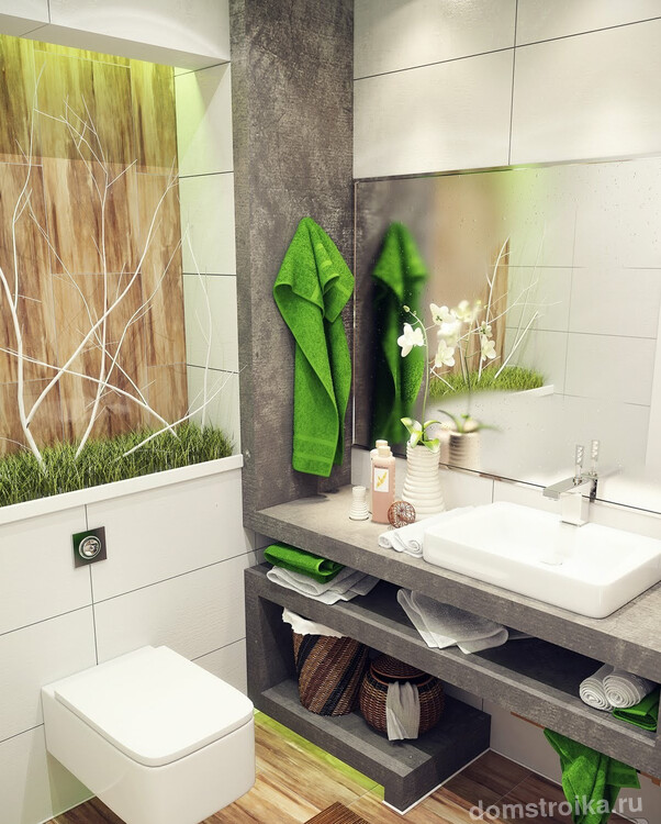 Прекрасный дизайн-проект интерьера туалета в стиле эко. Полка над подвесным унитазом здесь используется только для декоративных целей