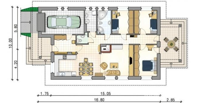Схематический чертеж одноэтажного дома с гаражом и тремя спальнями