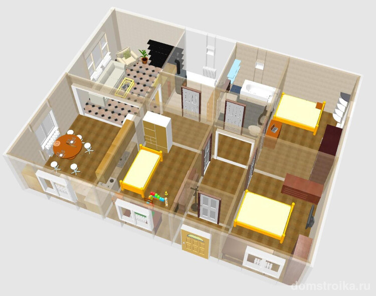 План типового одноэтажного дома на три спальни