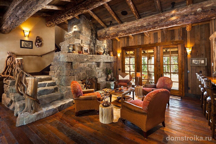 Декорирование комнат с помощью дерева: потолок, стены, мебель и даже стилизованные перила лестницы