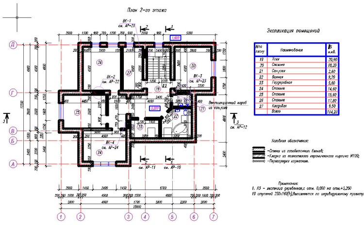 Пример страницы из типового проекта дома из газобетона (или пеноблоков): экспликация помещений 2-го этажа