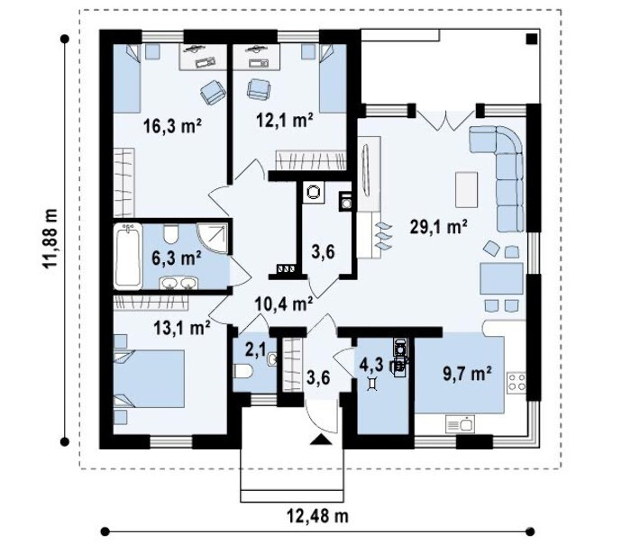 Базовая планировка первого этажа в типовом проекте дома площадью 110,6 кв. м. Фундамент – ленточный, монолитно сборной