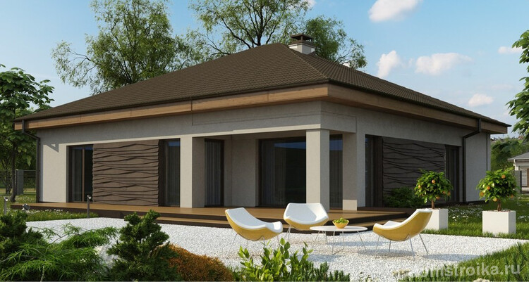 Одноэтажный дом с гаражом на участке 17,6 × 14м. Визуализация из проекта: задний двор и терраса