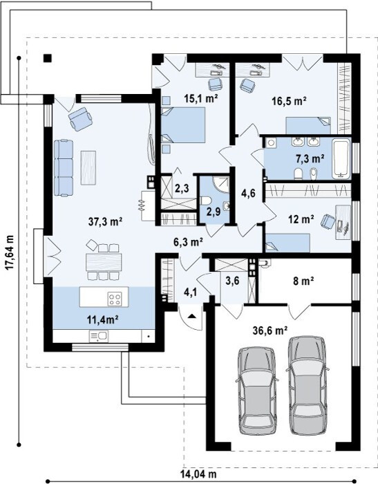 Схематический вид всех помещений одноэтажного дома площадью 165 кв.м с гаражом на две машины (3D-визуализации экстерьера и интерьера - см. выше)