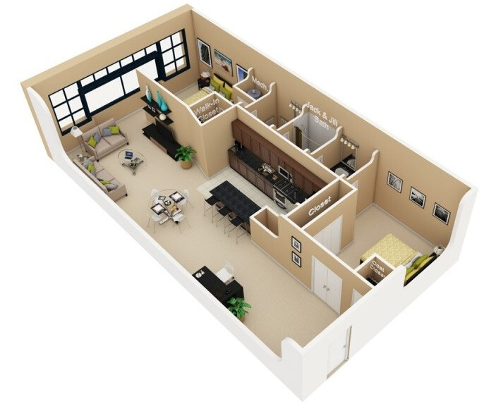 Индивидуальный проект дома с удобно обустроенными коммуникациями лучше всего заказывать после окончательного выбора подходящей планировки, как на этой 3D-модели одноэтажного дома