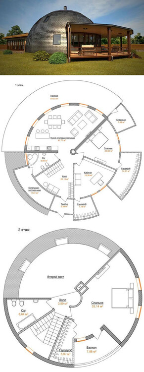 План двухэтажного жилого купольного дома