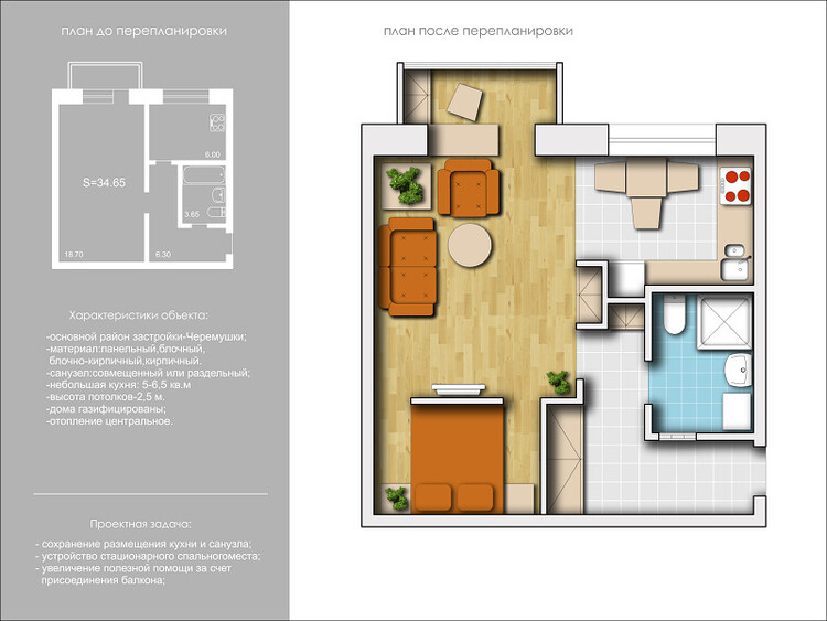 Дизайн проекта перепланировки 1 комнатной квартиры под 2 комнатную