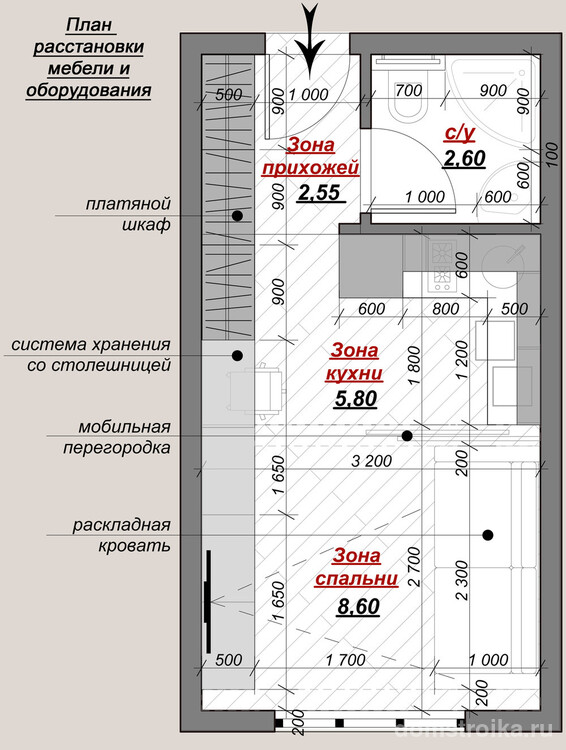 План расстановки мебели и устройство систем хранения квартиры площадью 20 кв. м