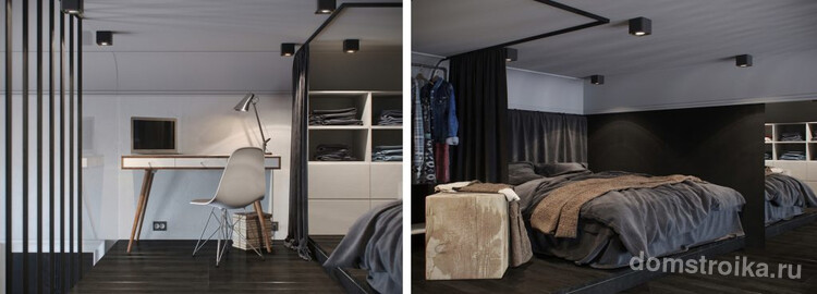 Удобный второй уровень с гардеробной, спальней и небольшим рабочим уголком под 4-метровым потолком. Таким образом, внизу осталась только публичная, наиболее эффектно оформленная зона