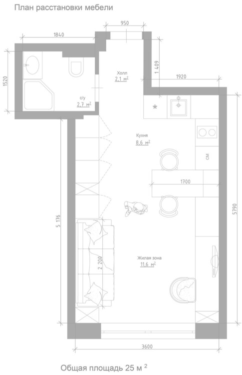 План расстановки мебели (3D-вид – см. выше) в "малосемейной" квартире площадью 25 кв. м с двумя независимыми водопроводными стояками для санузла и кухни