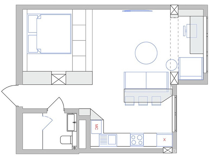 Общий план квартиры площадью 45 кв.м с совмещенной гостиной и кухней