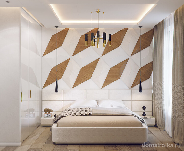 Визуализация белой спальни с креативным применением стеновых панелей