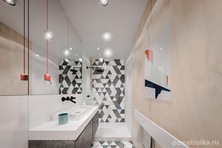Визуализация будущего интерьера узкой ванной комнаты с душевой