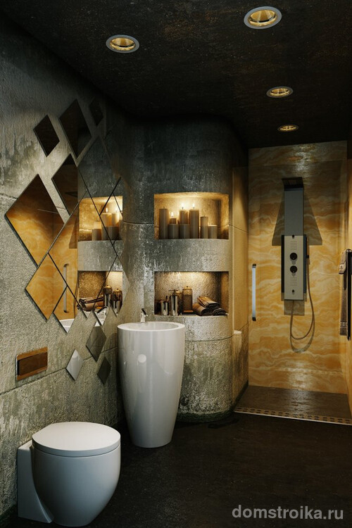 Демонстрация уникальной атмосферы затемненной ванной комнаты с оригинальным расположением зеркал