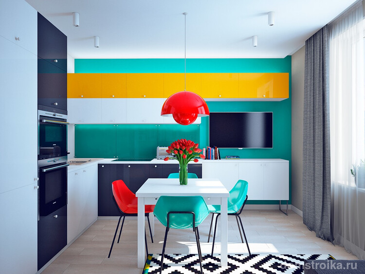 3D-изображение будущей кухни с глянцевыми фасадами ярких цветов (color blocking)